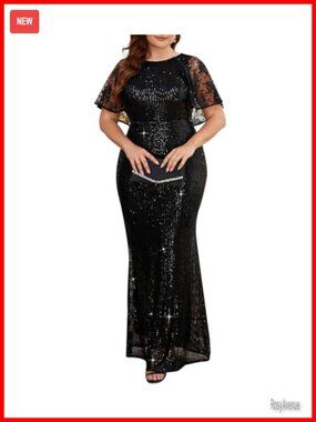 Sequin Mesh Plus Size Short Sleeve Party Bodycon Mermaid Evening Dress